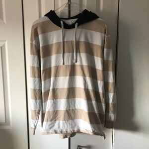 Men’s Zara Cotton Terrycloth Hoodie Striped Tan/White Black Hood Sz XL